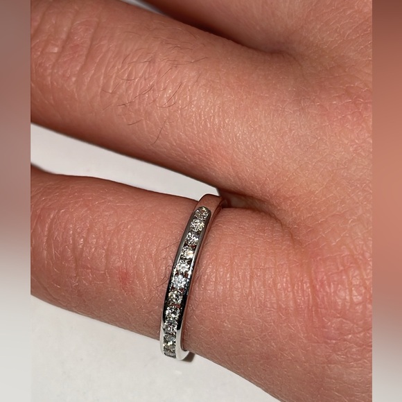 Solid Stamped 14K White Gold Natural Diamond Semi Eternity Band Ring Stackable - Picture 10 of 13
